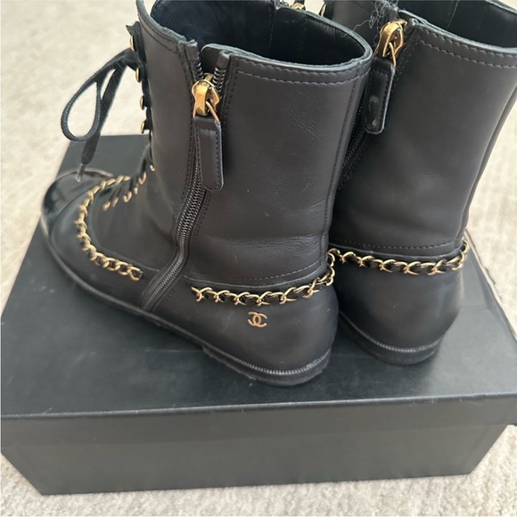 CHANEL Black and Gold Lace Up Boots with Gold Hardware - Picture 6 of 10